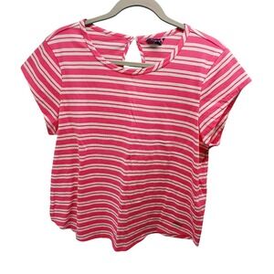 Nautica Striped Short Sleeve Top L Pink White Keyhole Back Casual Preppy